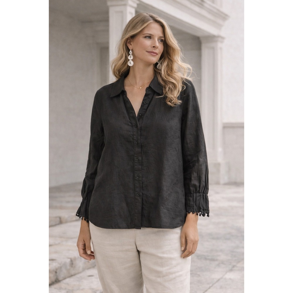 Relativity‎ Design Lab Black 100% Linen Button Up Shirt XL Pom Pom Trim Cuffs